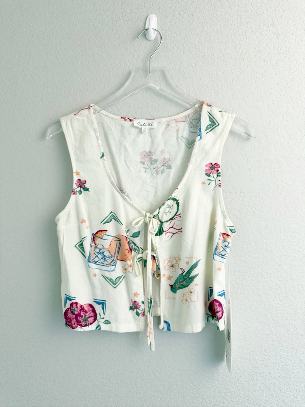 Cali 1850 Set White Tropical Floral Sleeveless Tie-Front Top and Wide Leg Pants - Picture 2 of 14